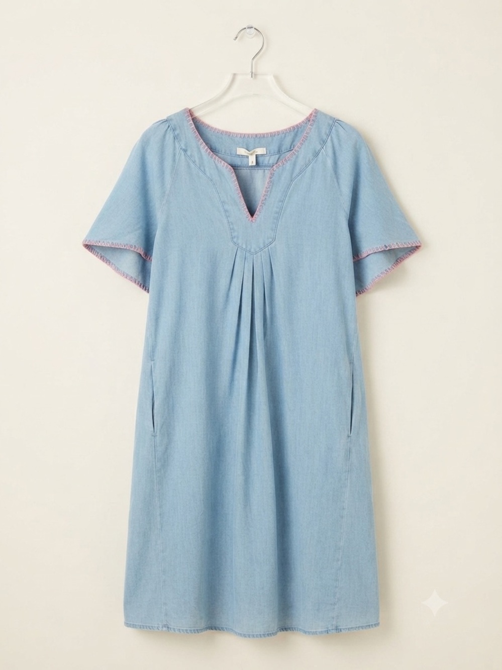 Easel Los Angeles Chambray Tunic Dress Medium Blue Pink Stitching Pockets Boho